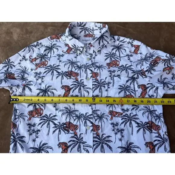 Goodfellow&Co Short Sleeve Collared Button Down Tiger Palm Tree Shirt Men L Slim - Picture 6 of 7